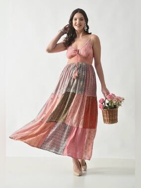 26428 Bohemian Pink Patchwork Maxi Dress with Tie-Front Bodice
